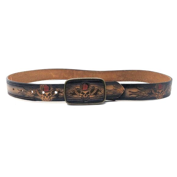 VTG Brass Skull FD Helmet Buckle Embossed Belt Mens 38 Black Leather Fire Dept - Picture 6 of 12